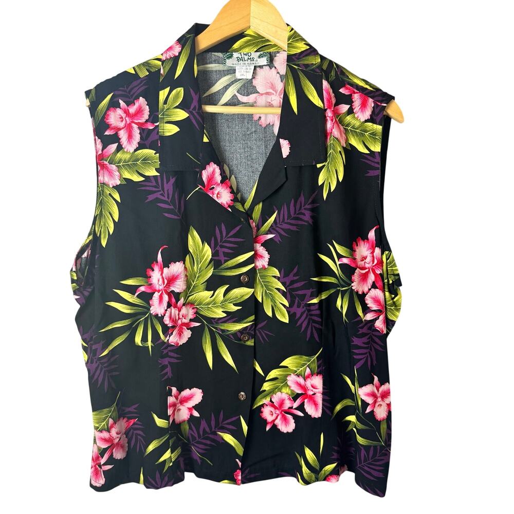 Vintage Two Palms Made In Hawaii Floral Button Down Shirt Women's 3XL Summer